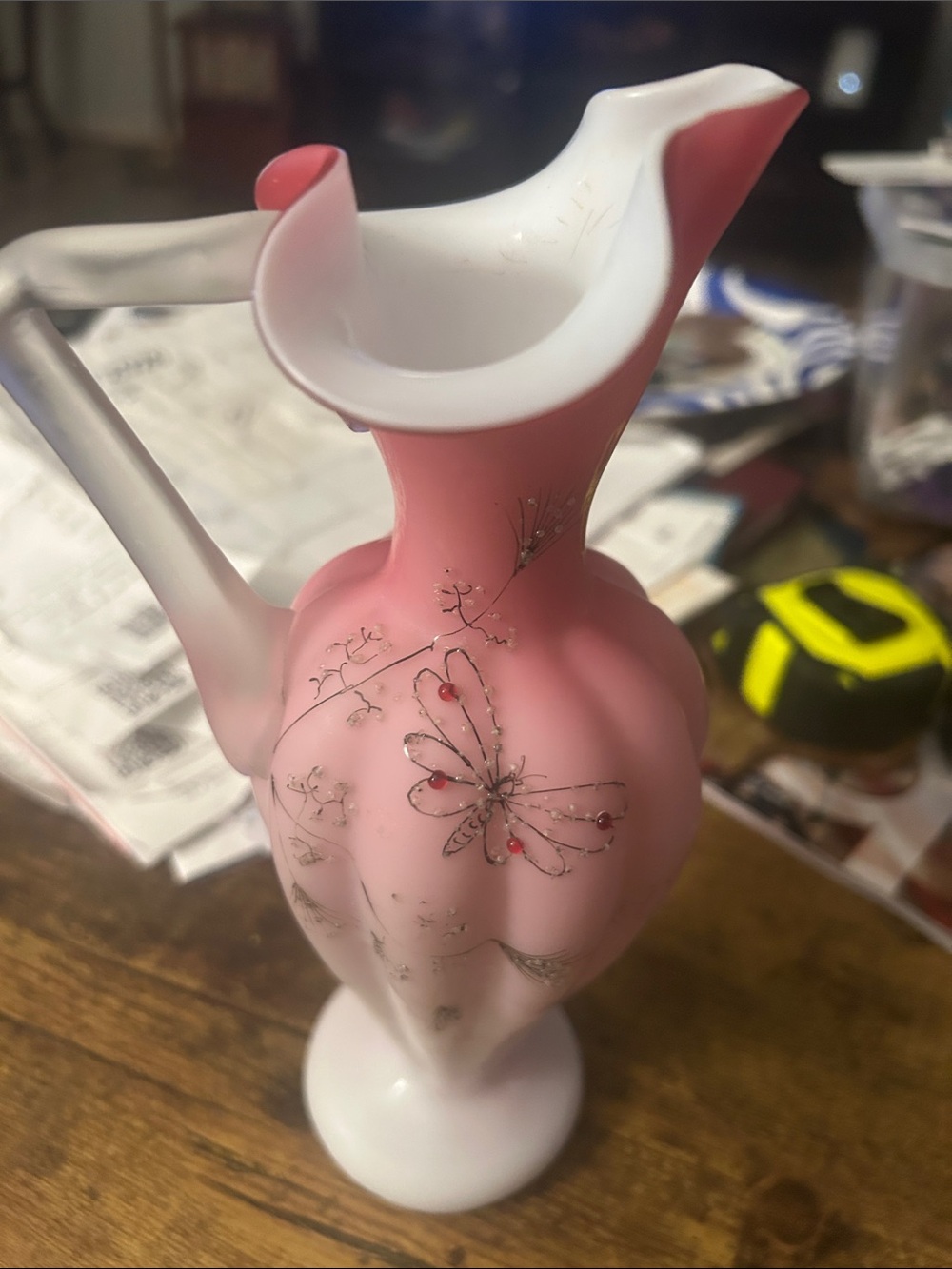 Pink and White Victorian-Style Satin Glass Pitcher Vase
